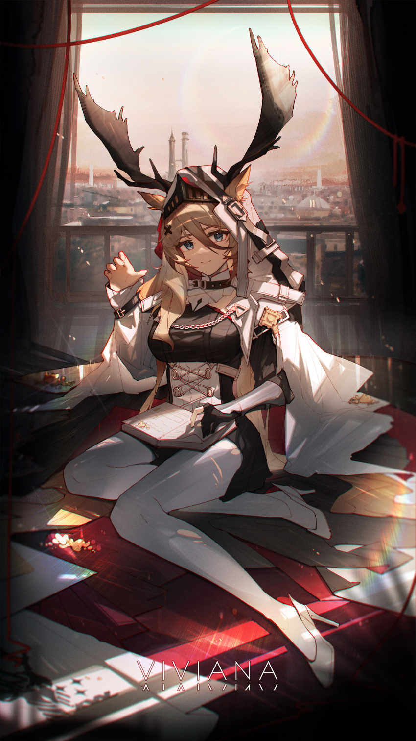 1girl, absurdres, animal_ears, antlers, antlers_through_hood, arknights, black_shirt, blonde_hair, blue_eyes, book, cape, character_name, deer_antlers, deer_ears, deer_girl, ears_through_hood, gauntlets, high_heels, highres, hood, hood_up, hooded_cape, huajiaohaibao, indoors, long_sleeves, looking_at_viewer, open_book, pantyhose, shirt, smile, solo, thighs, torn_clothes, torn_pantyhose, viviana_(arknights), white_cape, white_footwear, white_pantyhose, window