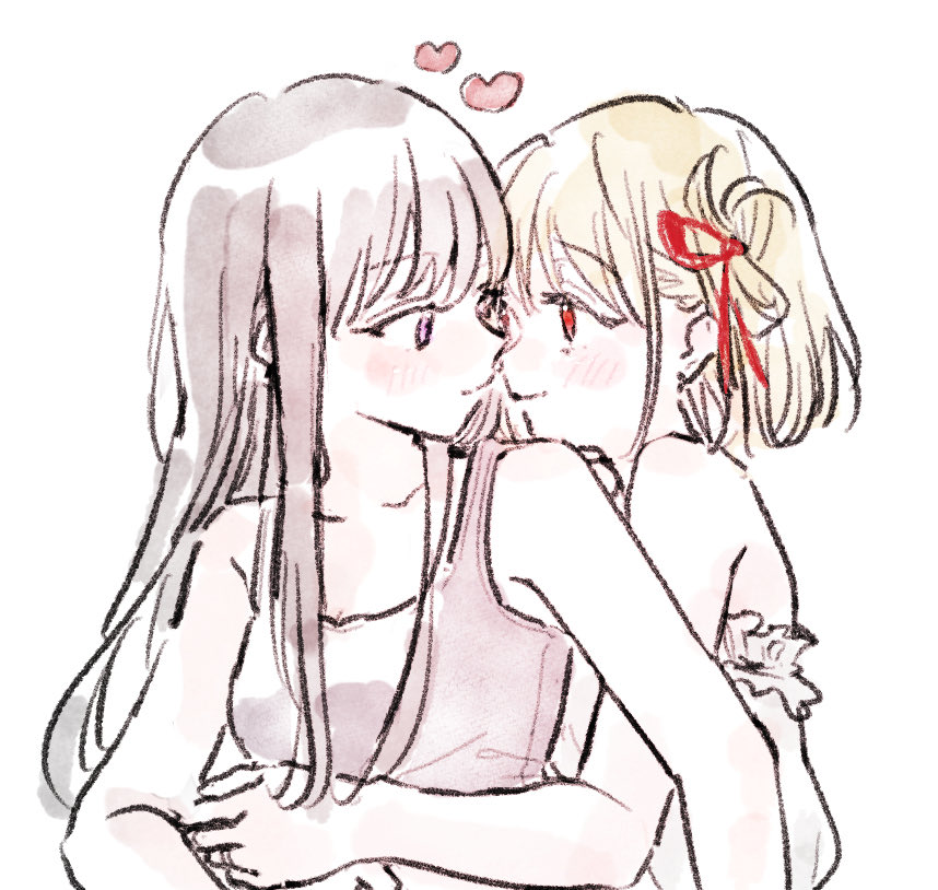 2girls, black_hair, black_tank_top, blonde_hair, blush, dress, eheh, hair_ribbon, heart, hug, hug_from_behind, imminent_kiss, long_hair, looking_at_another, lycoris_recoil, medium_hair, multiple_girls, red_eyes, red_ribbon, ribbon, sleeveless, smile, tank_top, violet_eyes, white_background, white_dress, yuri
