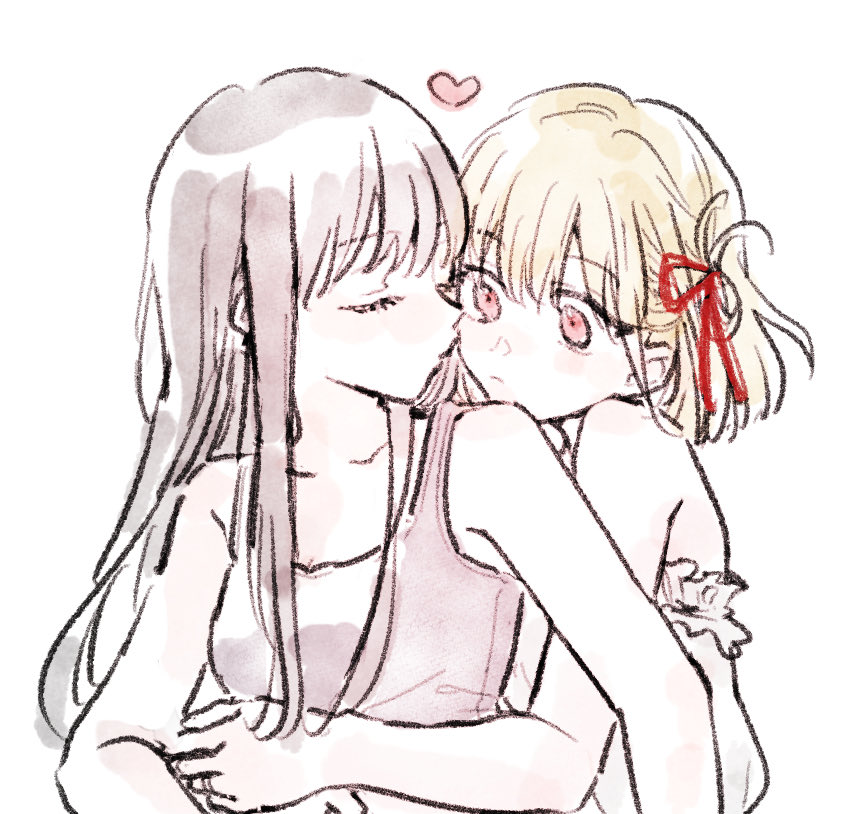 2girls, black_hair, black_tank_top, blonde_hair, blush, closed_eyes, dress, eheh, hair_ribbon, heart, hug, hug_from_behind, imminent_kiss, long_hair, looking_at_another, lycoris_recoil, medium_hair, multiple_girls, red_eyes, red_ribbon, ribbon, sleeveless, tank_top, white_background, white_dress, yuri