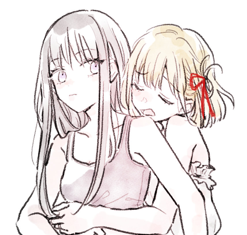 2girls, black_hair, black_tank_top, blonde_hair, closed_eyes, commentary, dress, eheh