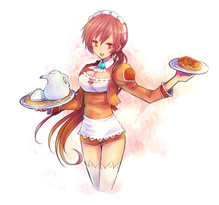 1girl, cup, food, kara_(color), long_hair, paffel, ponytail, red_eyes