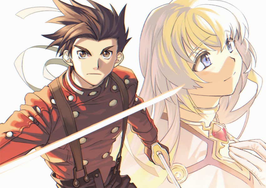 1boy, 1girl, blonde_hair, blue_eyes, brown_eyes, brown_hair, choker, closed_mouth
