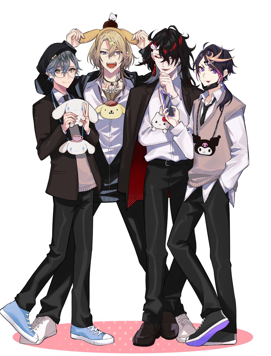 4boys, :p, animal_ears, arms_up, beret, black_footwear, black_hair, black_headwear