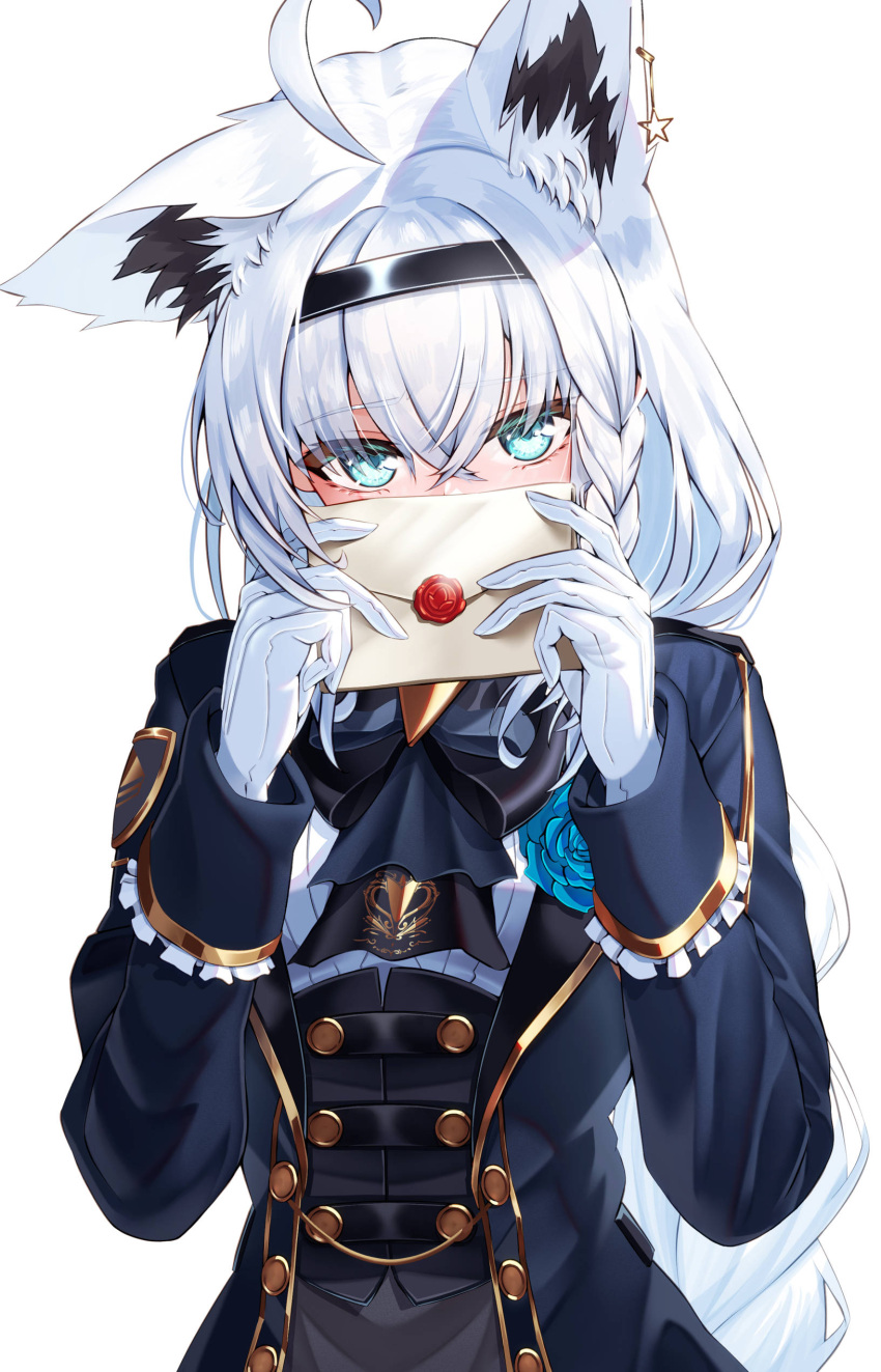 1girl, absurdres, ahoge, animal_ear_fluff, animal_ear_piercing, animal_ears, aqua_eyes, ascot