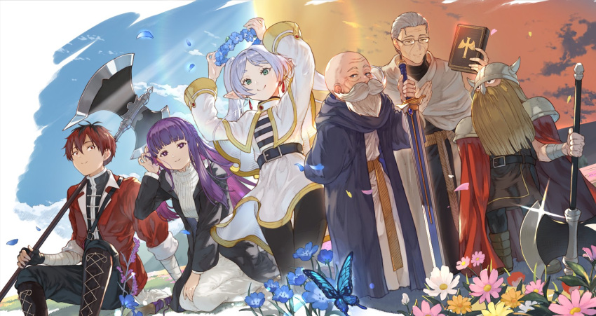 2girls, 4boys, arm_behind_back, arms_up, axe, bald, battle_axe, beard