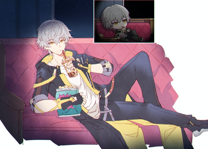 1boy, black_gloves, black_jacket, black_pants, caelus_(honkai:_star_rail), chibi, chibi_inset, commentary