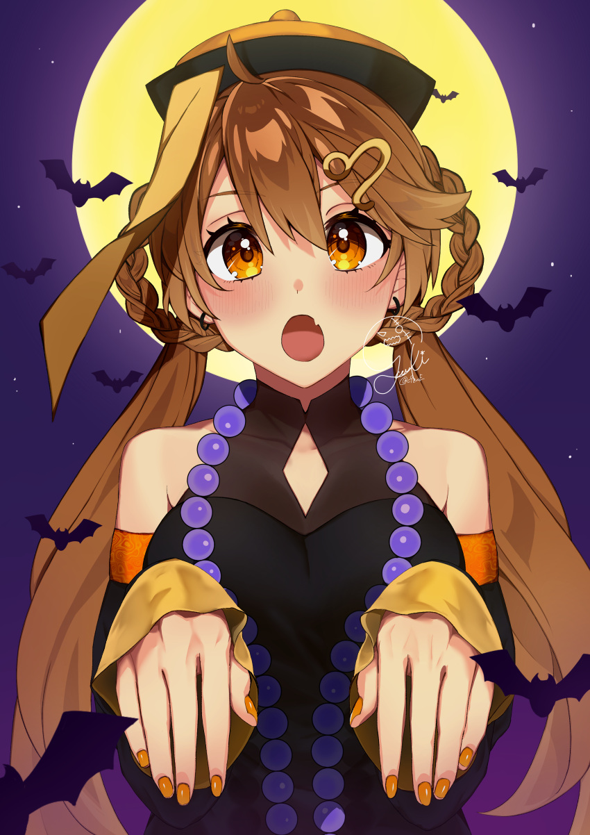 1girl, absurdres, ahoge, artist_name, bare_shoulders, bat_(animal), bead_necklace, beads