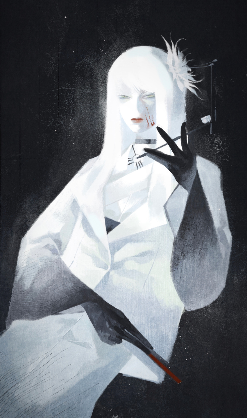 1girl, absurdres, alternate_costume, black_background, black_choker, black_gloves, blood, blood_on_face, chinese_commentary, choker, commentary_request, cowboy_shot, epiphyllum, expressionless, final_fantasy, final_fantasy_xiv, flower, folding_fan, gloves, green_eyes, greyscale, hair_flower, hair_ornament, hair_stick, half-closed_eyes, hand_fan, highres, holding, holding_fan, holding_smoking_pipe, jacket, japanese_clothes, kimono, kiseru, liu_ren_yuebing, long_hair, looking_at_viewer, monochrome, red_lips, red_pupils, smoking_pipe, solo, spot_color, straight_hair, white_jacket, white_kimono, wide_sleeves, yotsuyu_goe_brutus