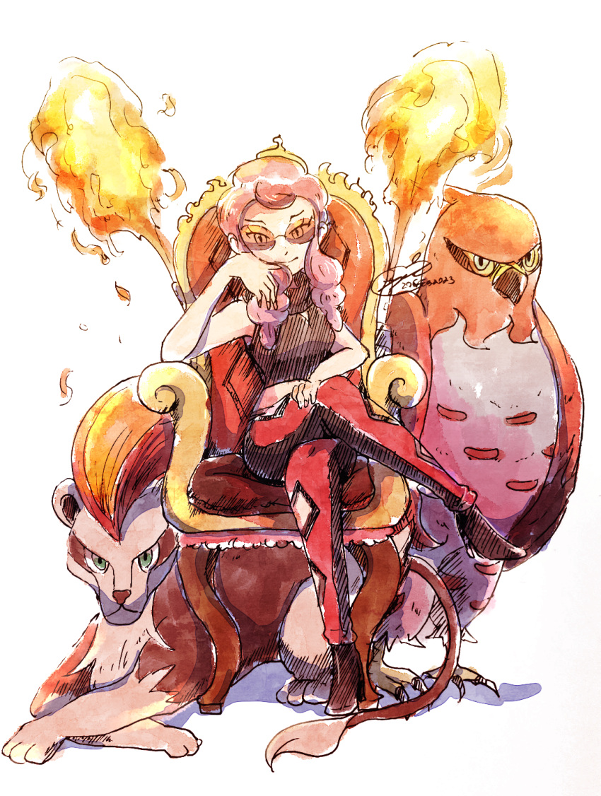 1girl, appleko, bare_arms, black_footwear, crop_top, fire, full_body, highres