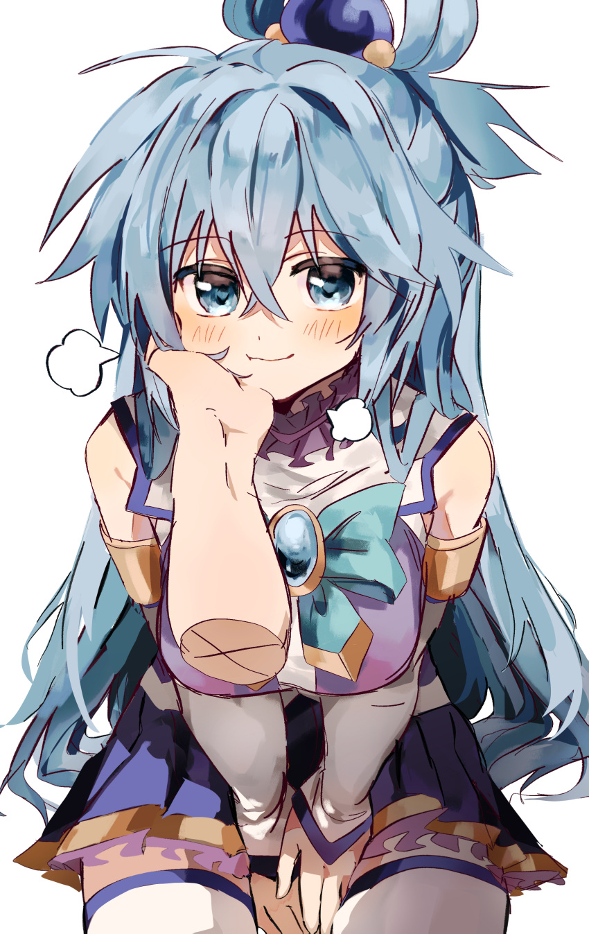 1girl, absurdres, aqua_(konosuba), blue_eyes, blue_footwear, blue_hair, blue_shirt, blue_skirt