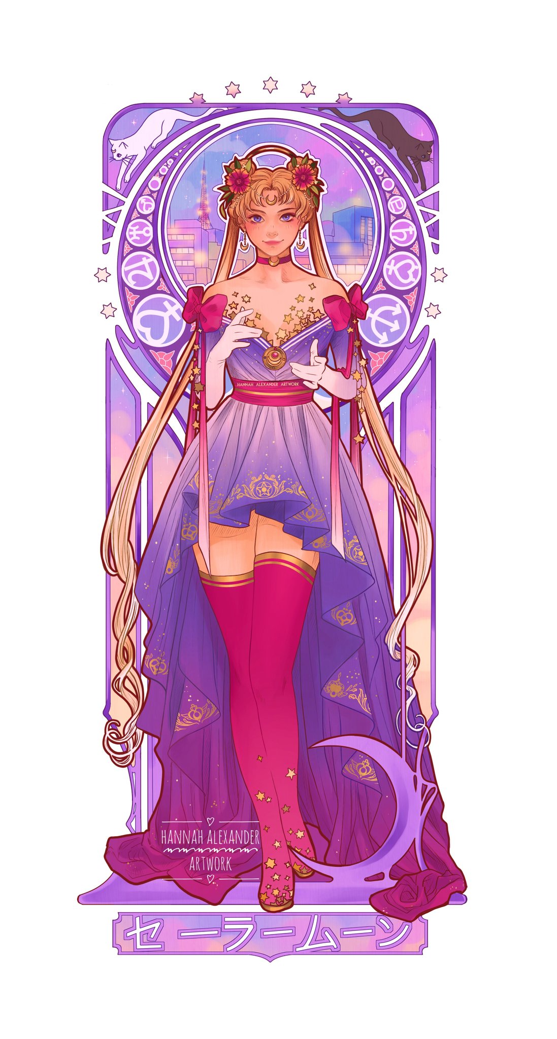 1girl, animal, art_nouveau, artemis_(sailor_moon), artist_name, bishoujo_senshi_sailor_moon, black_cat, blue_eyes