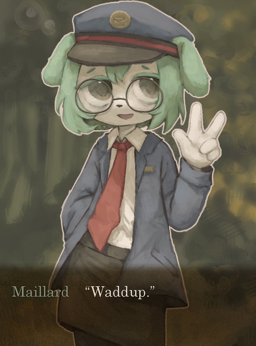 1girl, animal_ears, animal_nose, blue_jacket, brown_eyes, cobalt_memori, collared_shirt, dialogue_box, english_text, glasses, green_hair, hand_up, hat, hello_girl, jacket, long_sleeves, looking_at_viewer, maillard_(hello_girl), necktie, open_mouth, pencil_skirt, red_necktie, round_eyewear, shirt, skirt, smile, solo, w, white_shirt