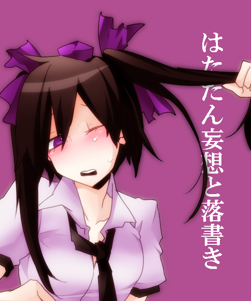 ako96, blush, brown_hair, bullying, cravat, hair_grab, hat, hata-tan, himekaidou_hatate, multiple_girls, necktie, purple_eyes, shameimaru_aya, tears, touhou, translated, translation_request, twintails, violet_eyes