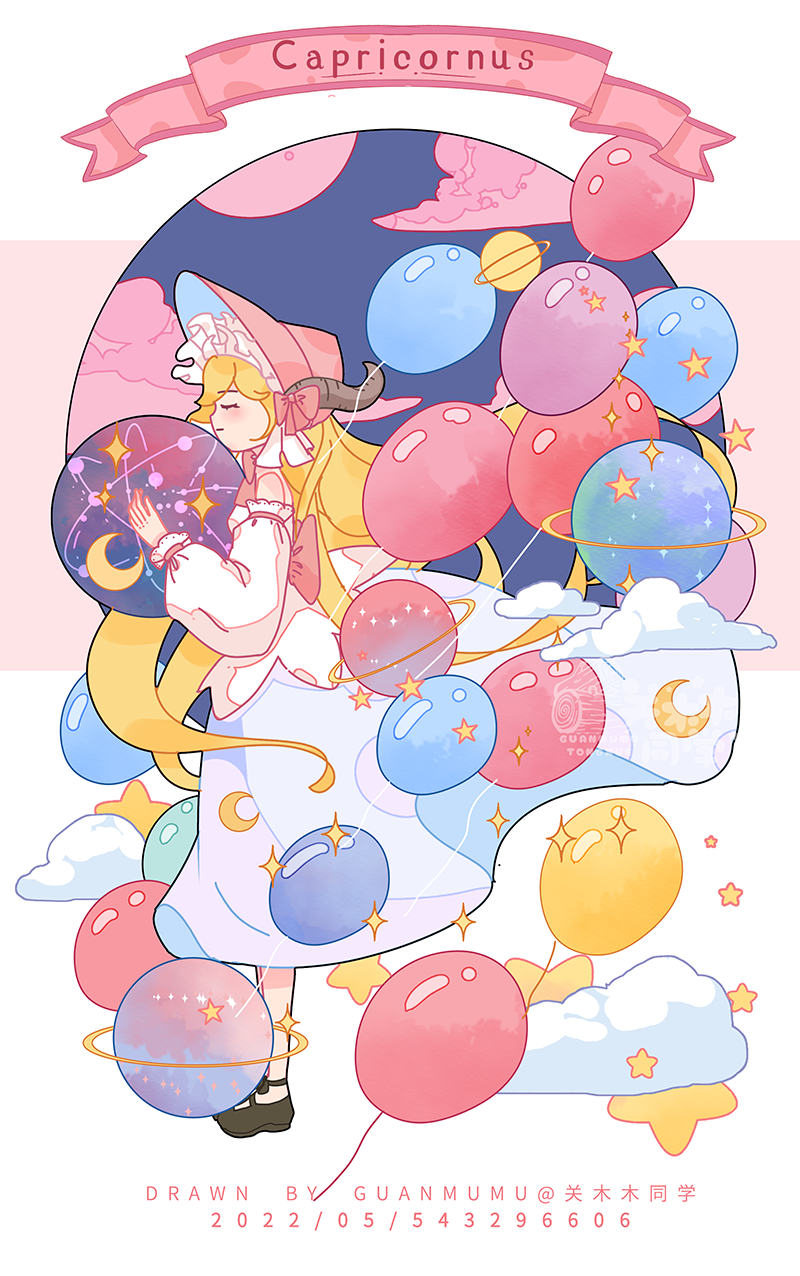 1girl, artist_name, back_bow, balloon, banner, bare_shoulders, black_footwear, blonde_hair