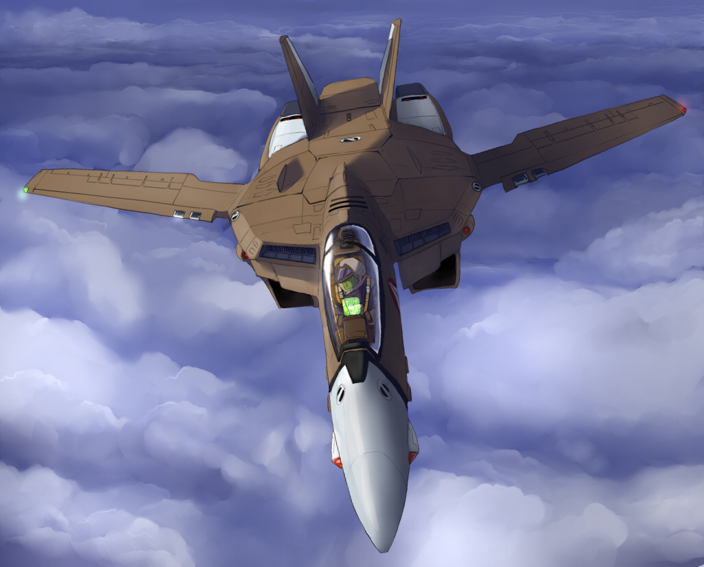 choujikuu_yousai_macross, cloud, clouds, cockpit, flightsuit, flying, helmet, inui_(pixiv)