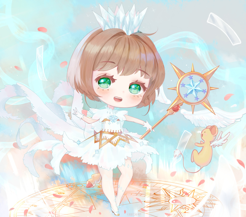 1girl, angel_wings, blue_headwear, brown_hair, cardcaptor_sakura, colored_eyelashes, commentary, crown