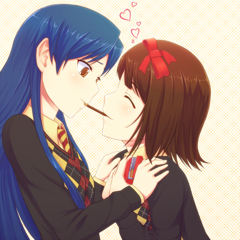 amami_haruka, argyle, blue_hair, brown_eyes, brown_hair, closed_eyes, college_of_angel_(idolmaster), hair_ribbon