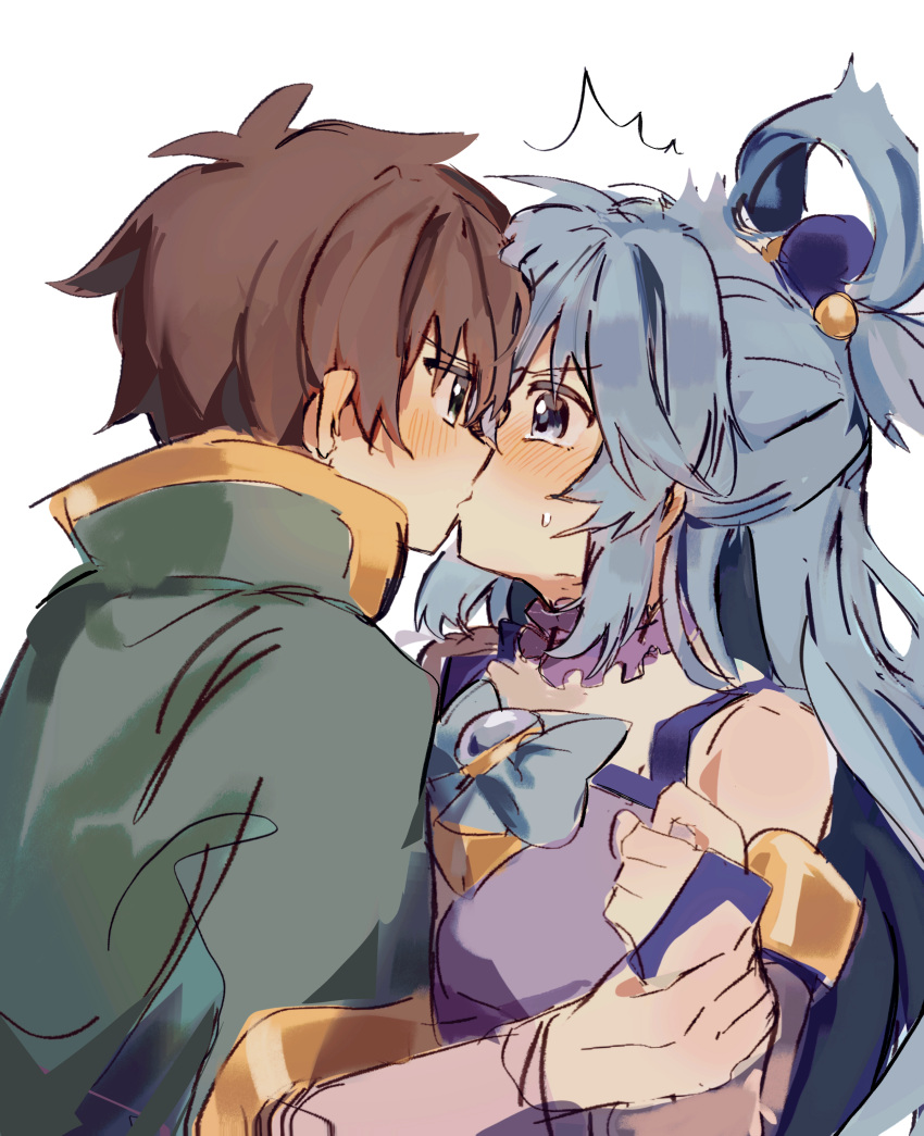 1boy, 1girl, absurdres, aqua_(konosuba), blue_eyes, blue_hair, blue_shirt, blush, bow, bowtie, breasts, brown_hair, cape, capelet, detached_sleeves, gem, green_bow, green_bowtie, green_cape, green_capelet, green_eyes, hair_between_eyes, hair_ornament, hair_rings, hetero, highres, holding_hands, kiss, kono_subarashii_sekai_ni_shukufuku_wo!, long_hair, long_sleeves, looking_at_another, pekeheihou, satou_kazuma, shirt, short_hair, simple_background, single_hair_ring, surprise_kiss, surprised, thigh-highs, very_long_hair, white_background, white_sleeves, white_thighhighs