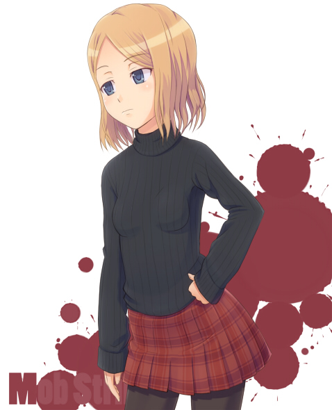 blood, bob_cut, grey_eyes, hand_on_hip, kodaman, original, pantyhose, plaid