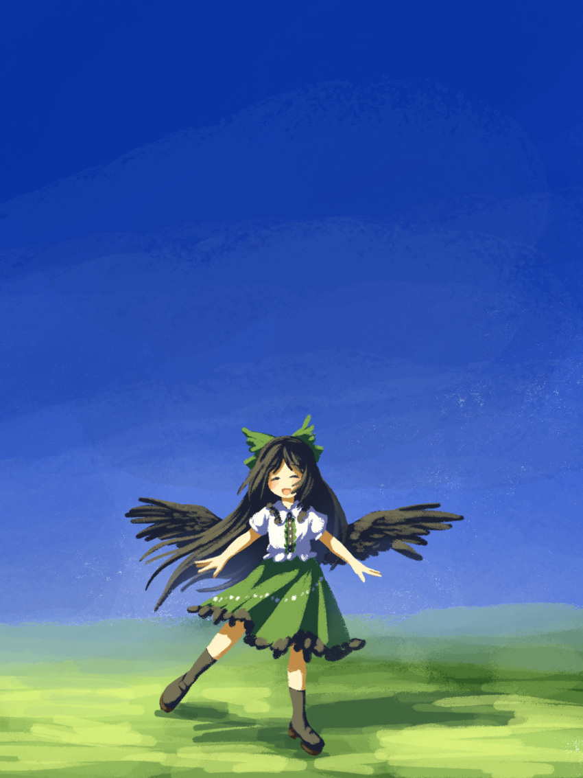 1girl, baila_kuangzi, bird_girl, bird_wings, black_footwear, black_hair, black_wings, blue_sky