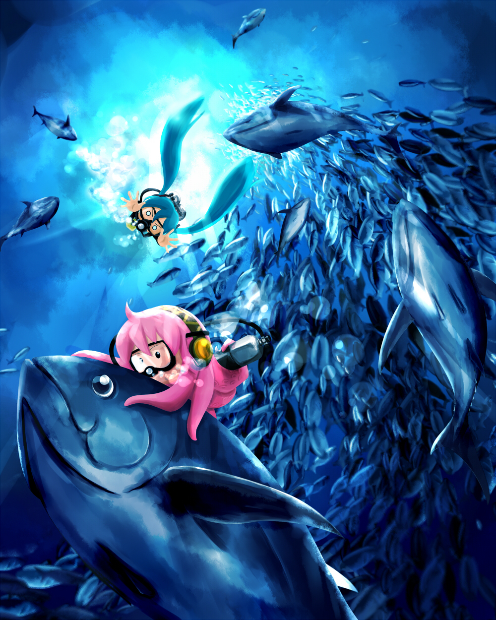 ban_(777purin), fish, hachune_miku, hatsune_miku, highres, long_hair, megurine_luka, o_o