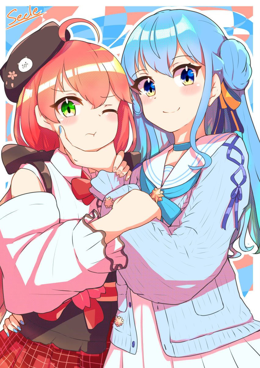 2girls, absurdres, ahoge, black_headwear, blue_eyes, blue_hair, chilwell_seele, choker