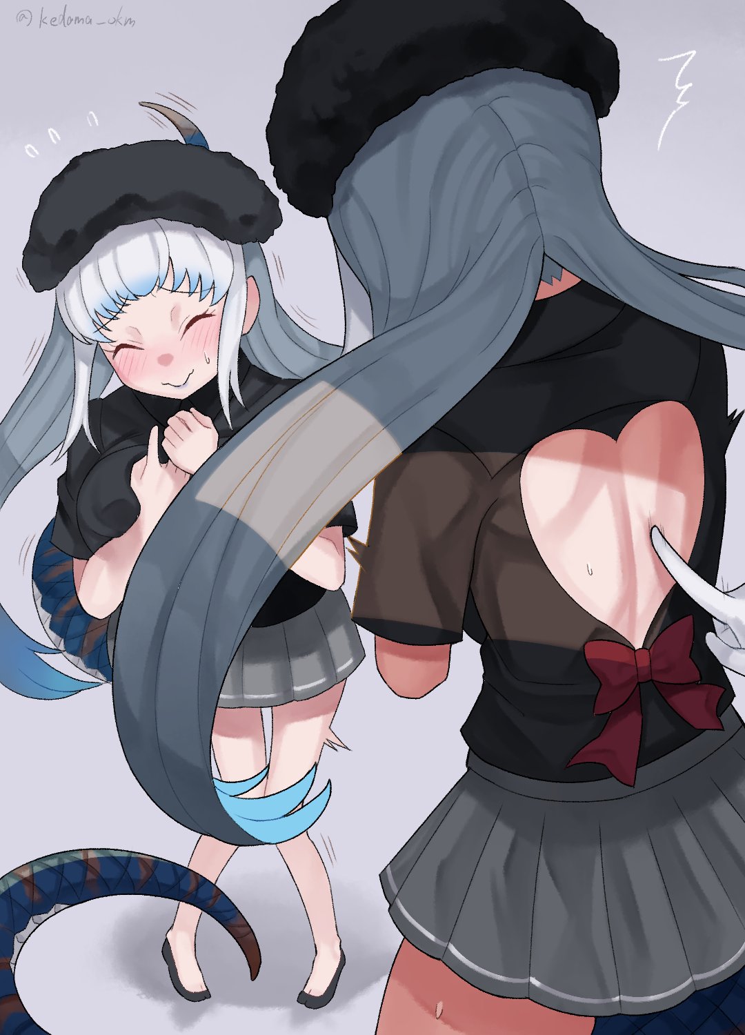 1girl, alternate_costume, back_bow, back_cutout, black_shirt, blue_hair, blush, bow