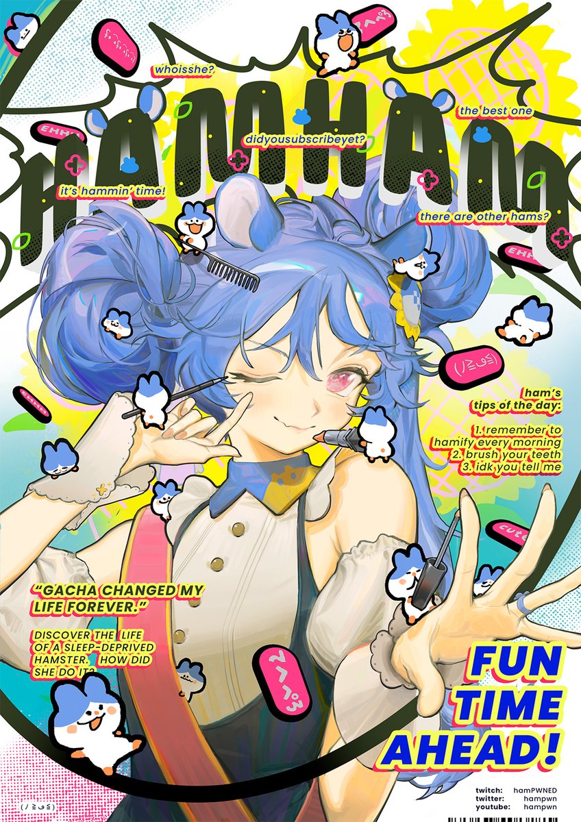 1girl, animal_on_head, bare_shoulders, black_overalls, blue_background, blue_collar, blue_hair, buttons