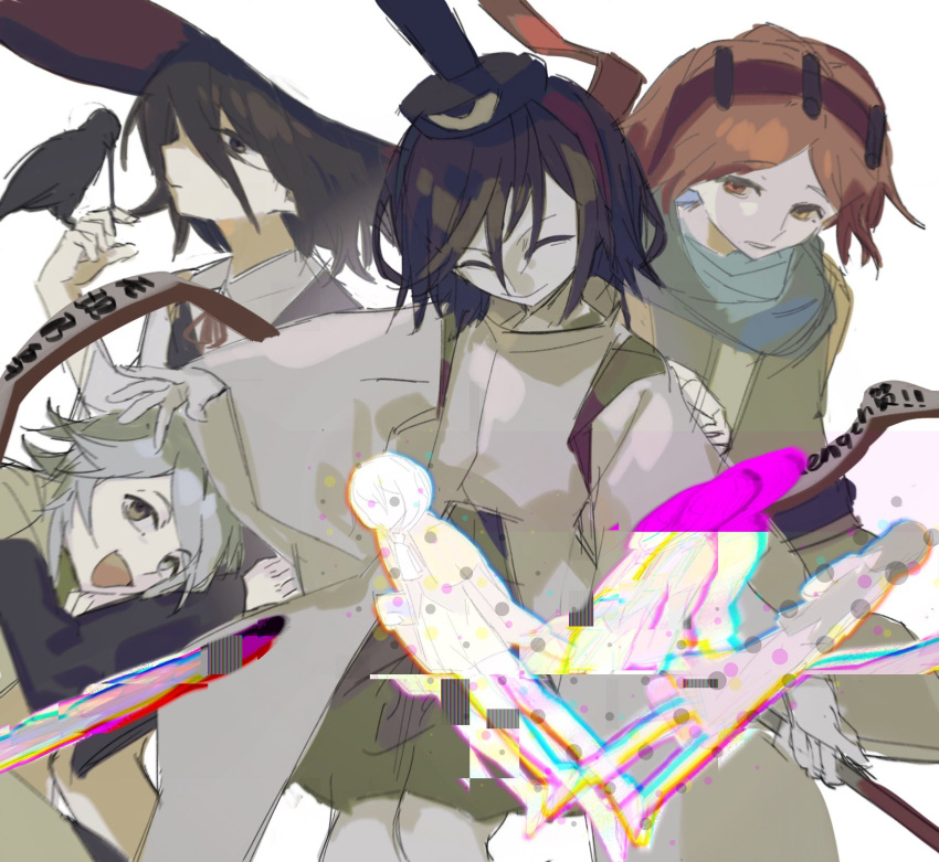 2girls, 4others, badai, bird, bird_on_hand, black_coat, black_hair, black_headwear