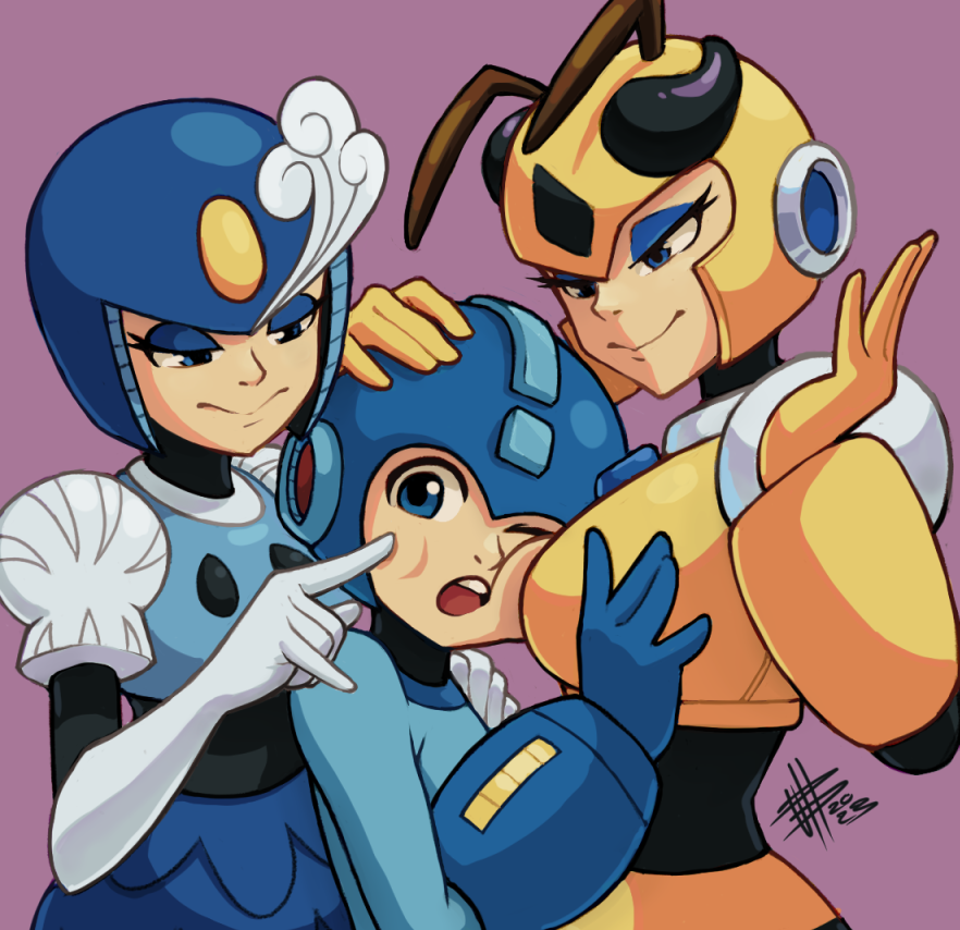 2girls, armor, blue_eyes, breasts, cheek_poking, height_difference, honey_woman, hug