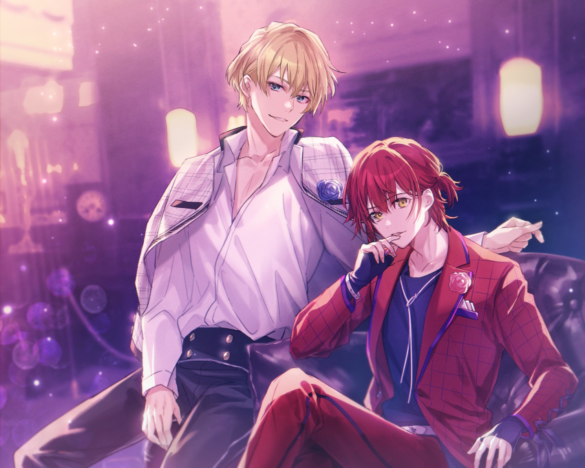 2boys, black_pants, black_shirt, blonde_hair, blue_eyes, blue_flower, blurry, blurry_background