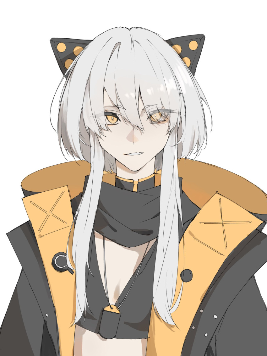 1girl, animal_ears, black_bra, black_jacket, black_unitard, bra, breasts, cat_ears, dog_tags, fake_animal_ears, grey_hair, hair_between_eyes, highres, hood, hood_down, jacket, karenina:_blast_(punishing:_gray_raven), mechanical_ears, negse_38u, orange_eyes, parted_lips, punishing:_gray_raven, short_hair_with_long_locks, small_breasts, solo, swept_bangs, underwear, white_background, white_hair