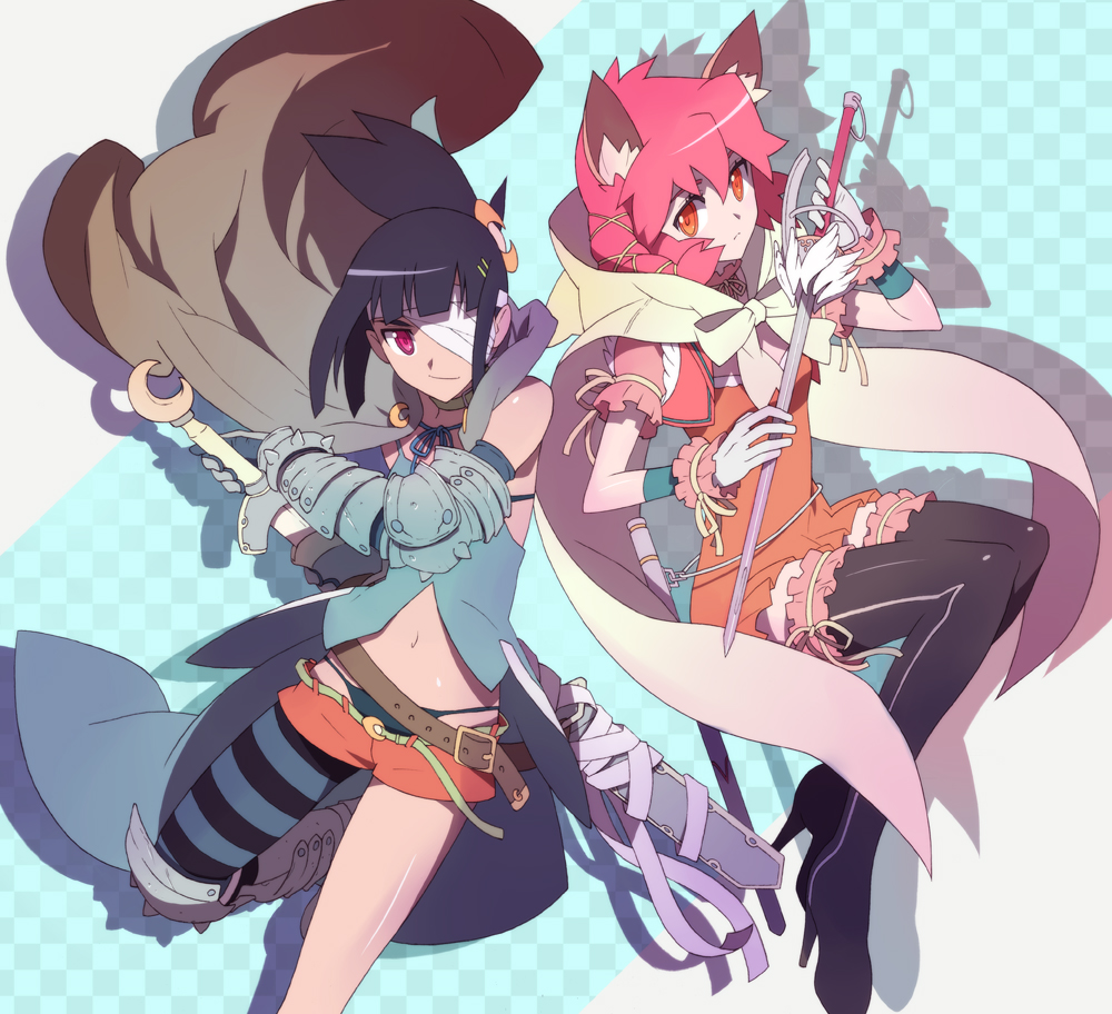 animal_ears, asymmetrical_clothes, asymmetrical_clothing, bandage_over_one_eye, black_hair, cat_ears, cloak, gauntlets