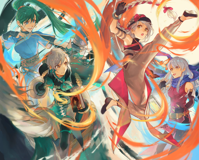 1boy, 3girls, :d, :o, anocurry, bare_shoulders, black_gloves, blue_eyes