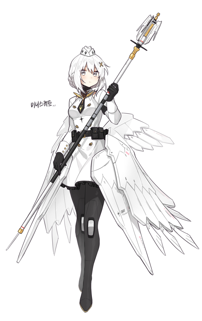 1girl, absurdres, belt, belt_pouch, black_belt, black_gloves, black_necktie, braid, commentary_request, dress, french_braid, garrison_cap, gloves, gown, grey_background, grey_hair, hair_between_eyes, hair_ornament, hat, highres, holding, holding_staff, korean_commentary, korean_text, liv:_empyrea_(punishing:_gray_raven), long_sleeves, mechanical_legs, mechanical_wings, medium_hair, military_uniform, myam_(123ab456c), necktie, pouch, punishing:_gray_raven, sidelocks, solo, staff, translation_request, uniform, white_background, white_dress, white_headwear, wings, x_hair_ornament