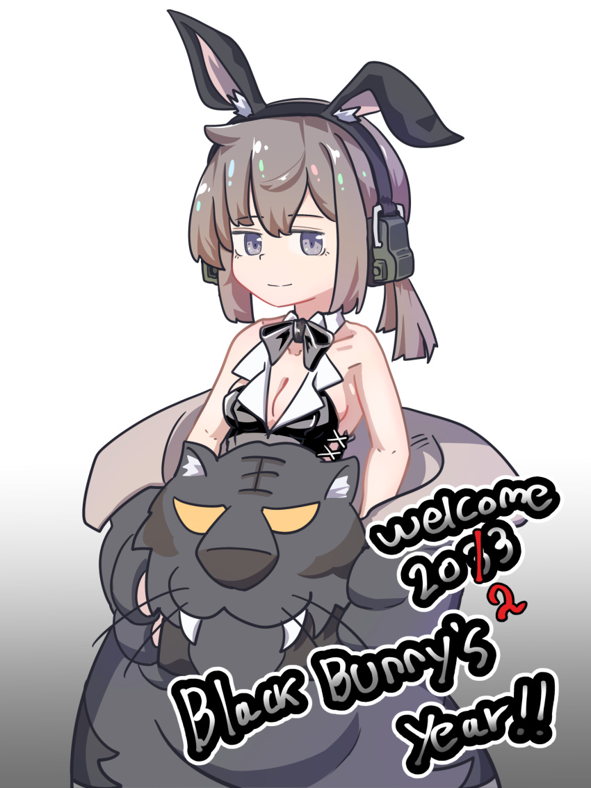 ahoge, alternate_costume, animal_costume, bare_shoulders, closed_mouth, english_text, furry, girls_frontline, hair_ornament, happy, hexaa, highres, m200_(girls'_frontline), smile, violet_eyes