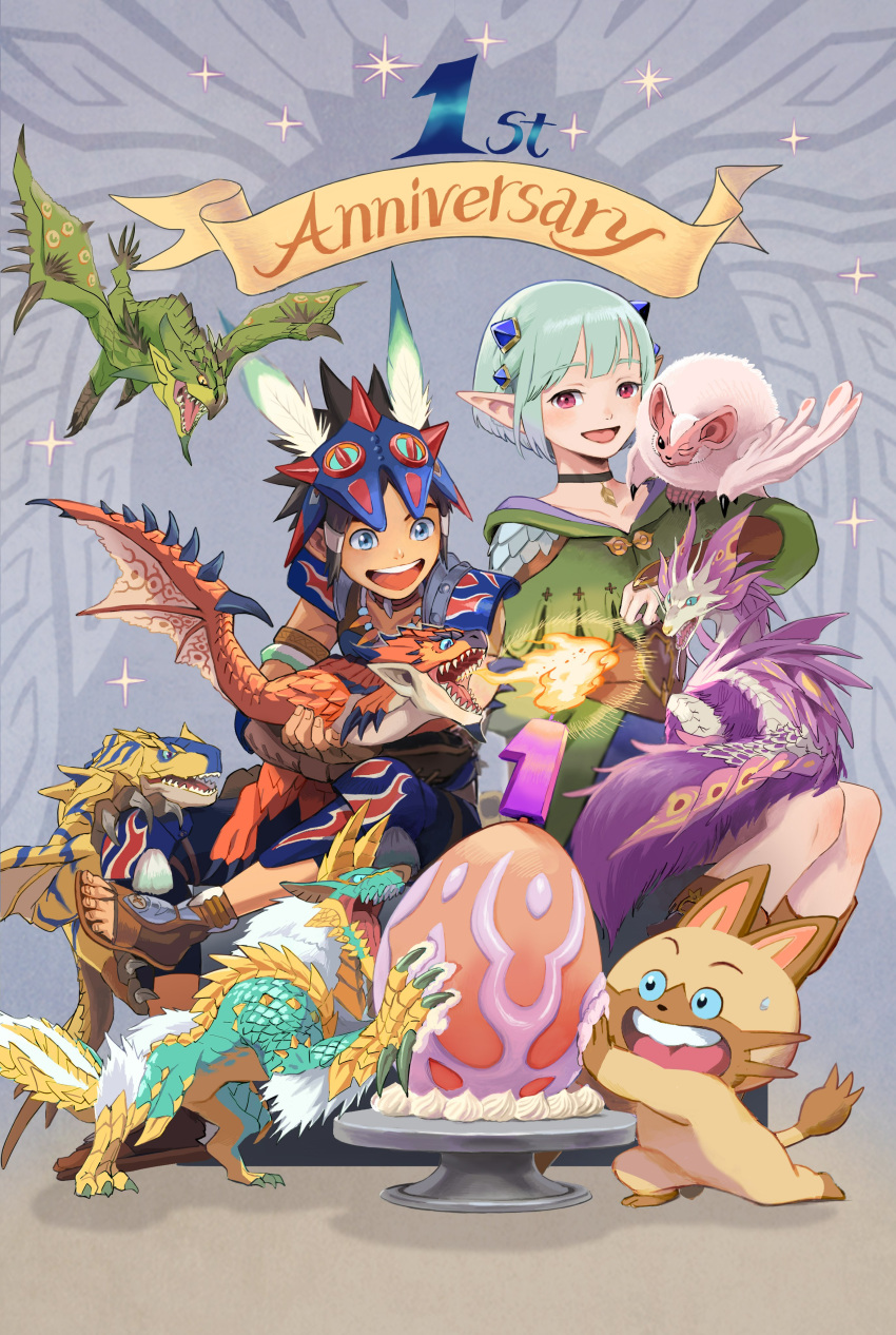 1girl, 2boys, absurdres, anniversary, armor, blue_eyes, cake, claws