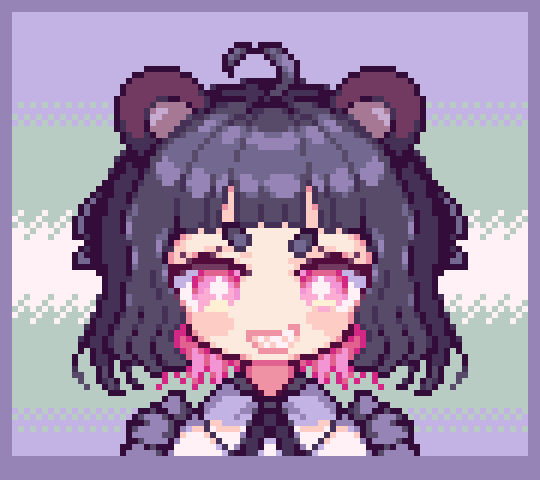 1girl, ahoge, animal_ears, bear_ears, bear_girl, black_hair, grin, hikimayu, indie_virtual_youtuber, pandachi, pink_eyes, pink_hair, pixel_art, short_hair, smile, solo, virtual_youtuber, vulpixis