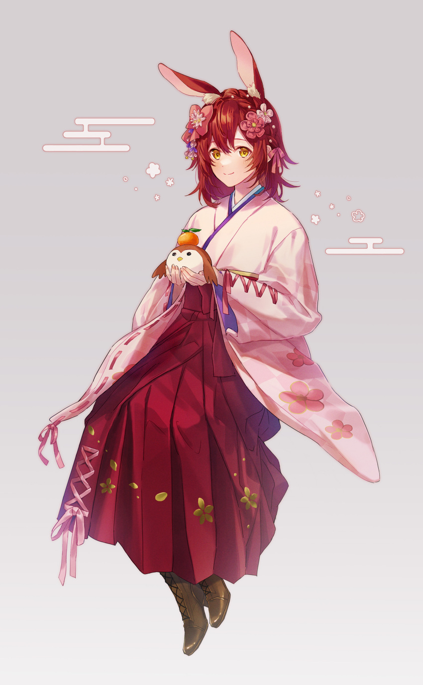 1boy, absurdres, animal, animal_ears, bird, blush, brown_footwear, cherry_blossoms, closed_mouth, floral_print, flower, food, fruit, full_body, grey_background, hair_between_eyes, hair_flower, hair_ornament, hair_ribbon, hanasaki_miyabi, hanasaki_miyabi_(4th_costume), highres, holding, holding_animal, holding_bird, holostars, japanese_clothes, kimono, looking_at_viewer, male_focus, medium_hair, orange_(fruit), otoko_no_ko, owl, pink_ribbon, rabbit_boy, rabbit_ears, redhead, ribbon, smile, virtual_youtuber, yellow_eyes, yuu5078