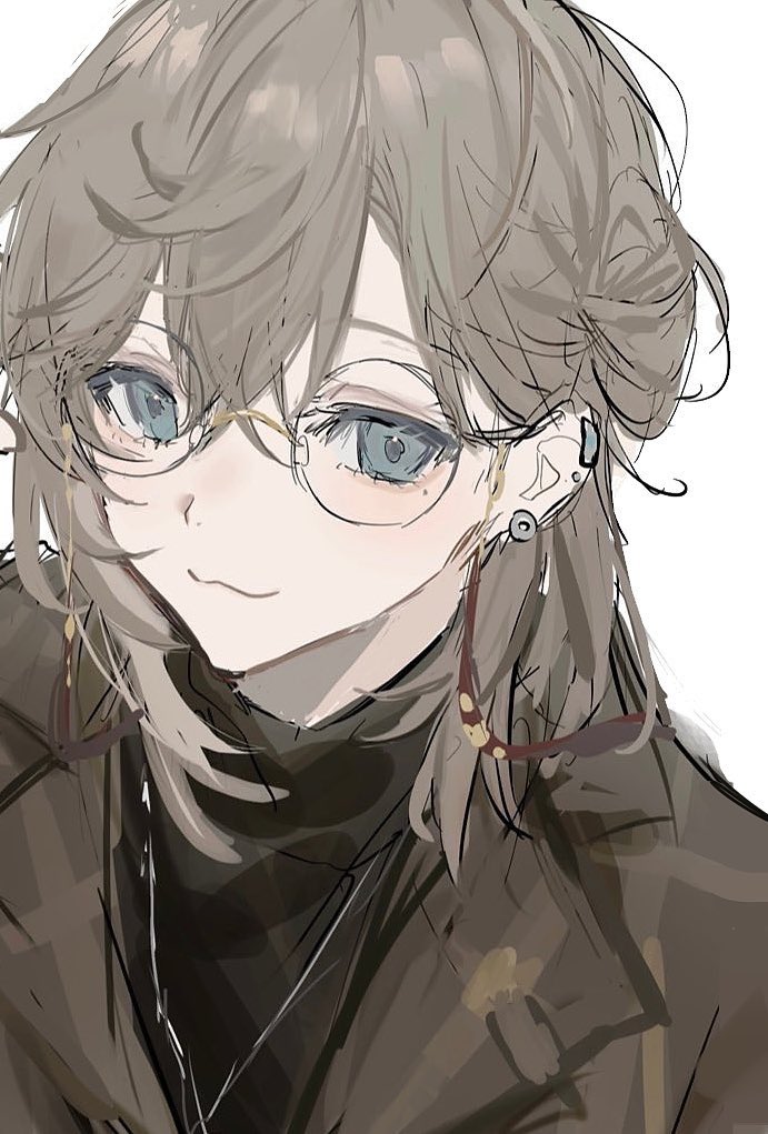 1boy, :3, black_sweater, blue_eyes, brown_hair, closed_mouth, coat, earrings, glasses, grey_coat, hair_bun, jewelry, kanae_(nijisanji), long_hair, meme, necktie, nijisanji, nokoru_sora, round_eyewear, smile, solo, sweater, twitter_rabbit_ears_(meme), upper_body, virtual_youtuber