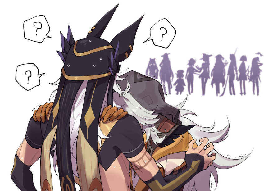 2boys, 6+girls, ?, animal_hat, antenna_hair, bridal_gauntlets, character_request, confused