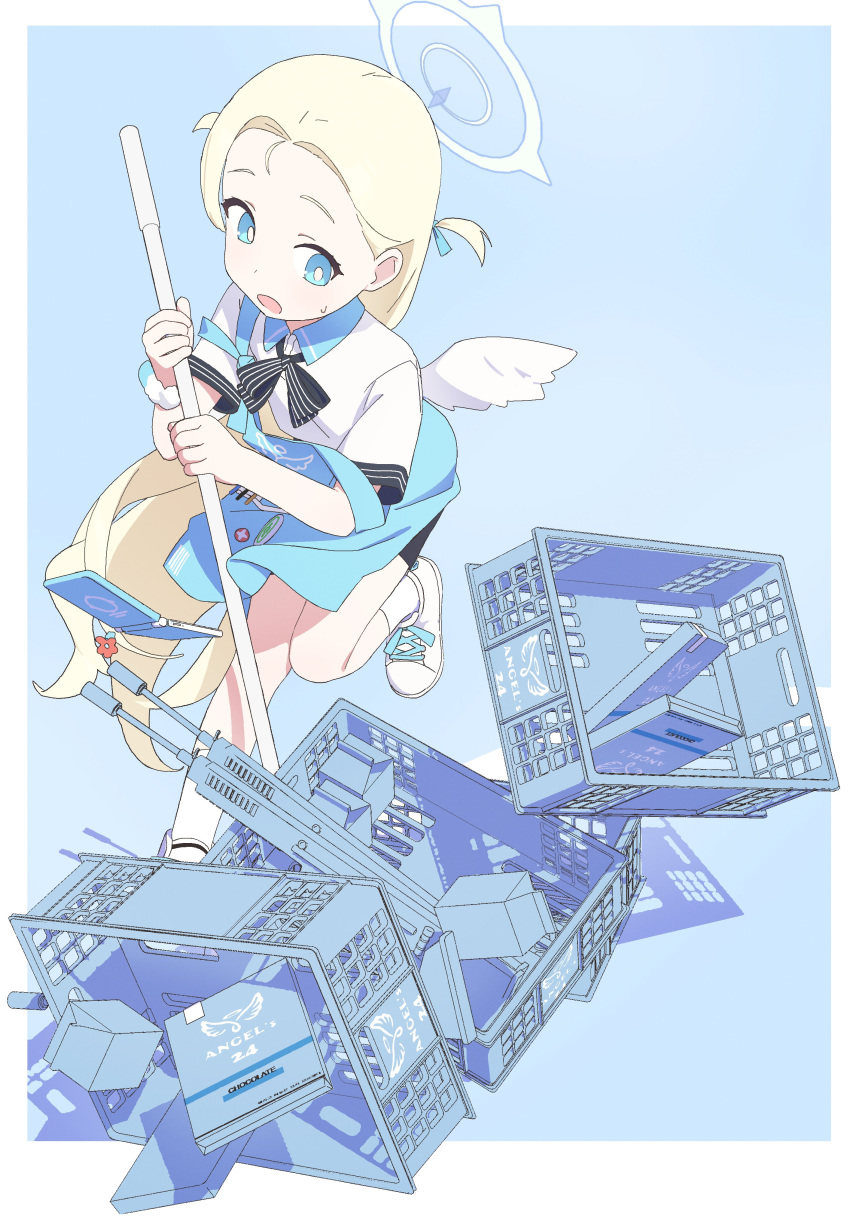 1girl, absurdres, apron, blonde_hair, blue_archive, blue_eyes, box, box_of_chocolates, carton, cellphone, crate, flip_phone, gun, hair_ribbon, halo, highres, holding, jiryu50610218, off_shoulder, phone, ribbon, shirt, shoes, short_sleeves, socks, solo, sora_(blue_archive), sweat, two_side_up, weapon, white_footwear, white_socks, white_wings, wings