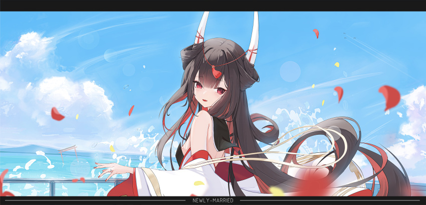 1girl, azur_lane, bare_shoulders, black_hair, black_sailor_collar, blue_sky, clouds, colored_inner_hair