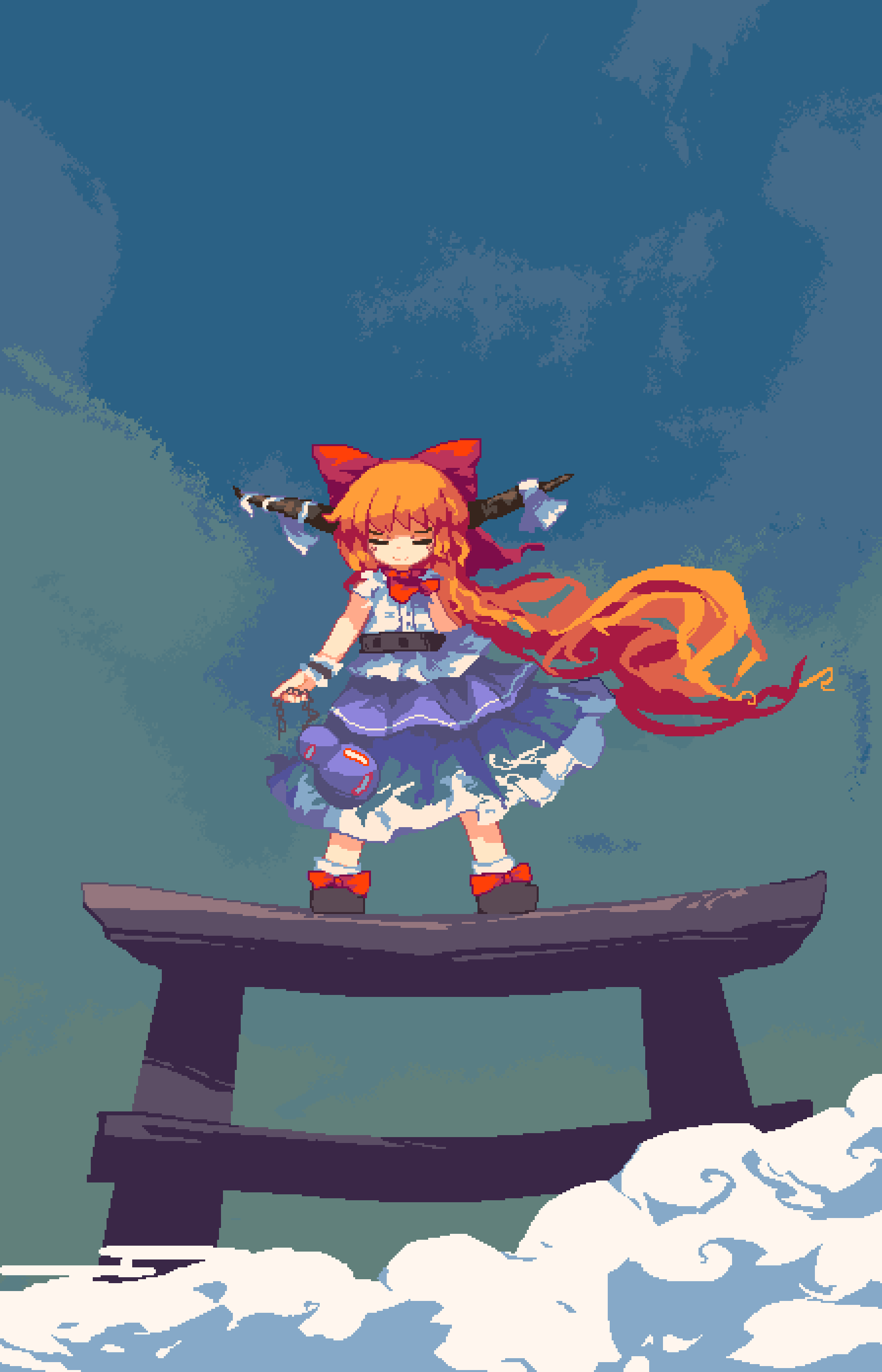 1girl, absurdres, belt, black_belt, black_footwear, blouse, blue_background, bow, chain, closed_eyes, clouds, commentary, footwear_bow, full_body, gourd, hair_bow, highres, horn_bow, horn_ornament, horn_ribbon, horns, ibuki_suika, light_smile, ling_os87, long_hair, oni, oni_horns, orange_hair, outdoors, pixel_art, purple_skirt, red_bow, ribbon, shirt, shoes, sidelocks, skirt, sky, sleeveless, sleeveless_shirt, socks, solo, standing, standing_on_torii, torii, touhou, very_long_hair, white_bow, white_ribbon, white_shirt, wrist_cuffs