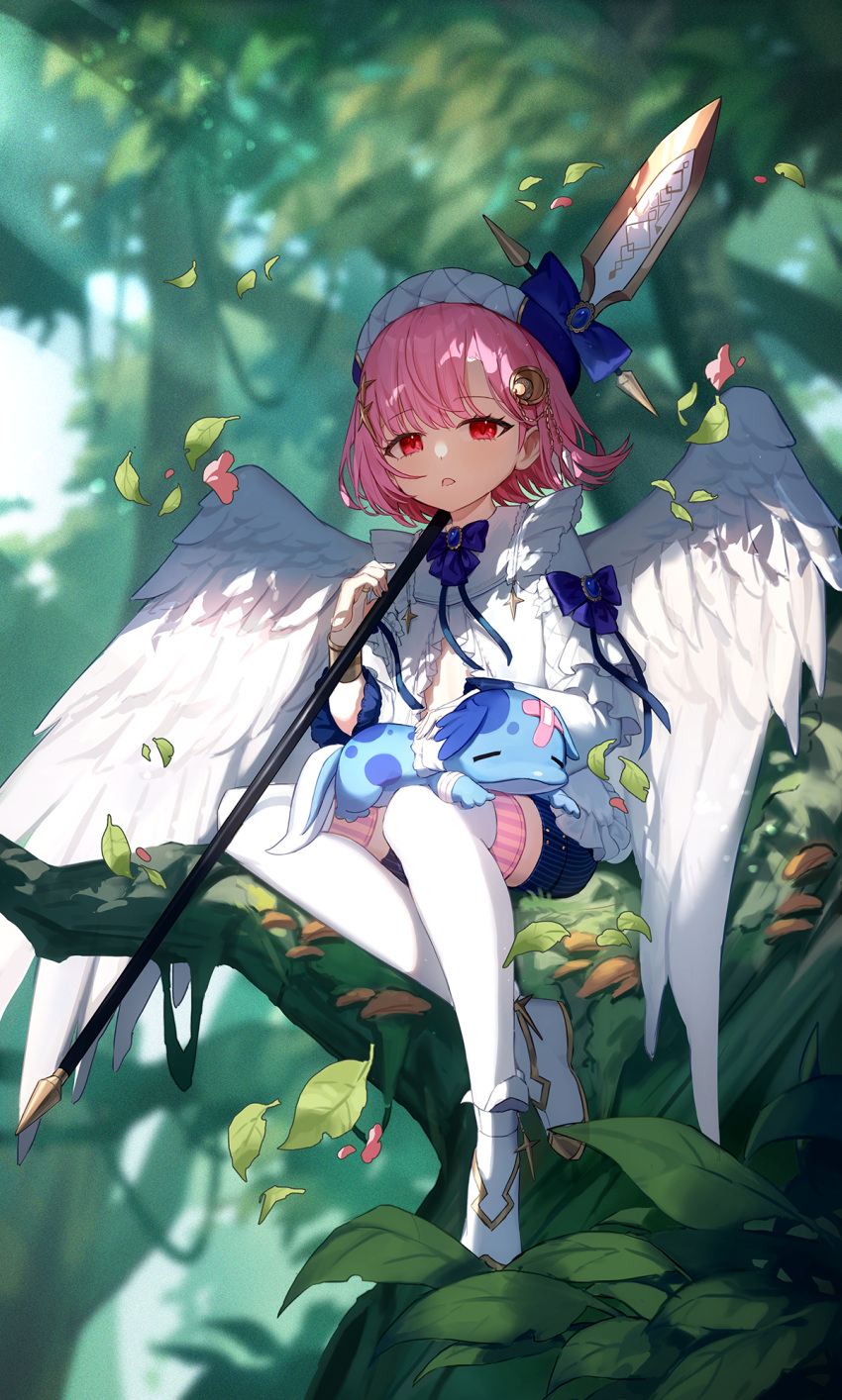 1girl, 1other, angel_wings, bandaid, bandaid_on_face, blue_ribbon, forest, hat