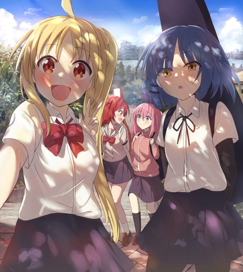 4girls, :d, blonde_hair, blue_eyes, blue_hair, bocchi_the_rock!, dappled_sunlight, gotoh_hitori