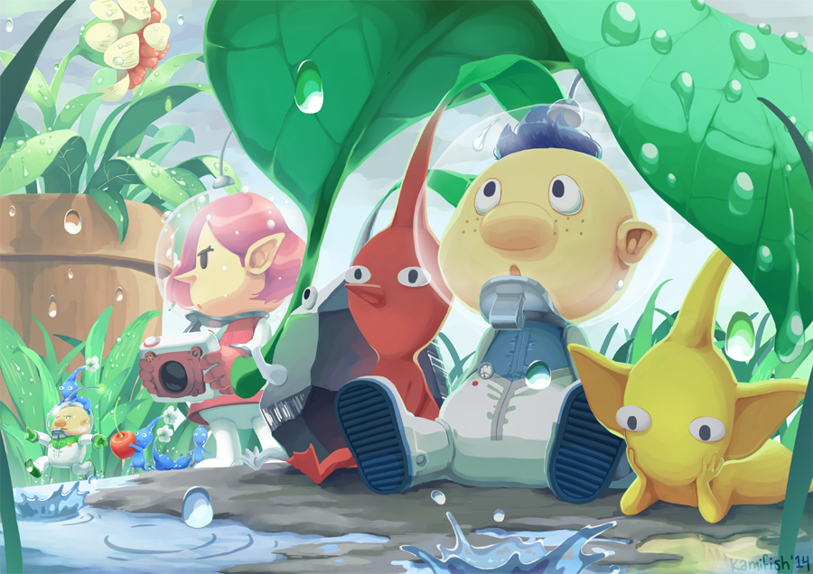 1girl, 2boys, :o, alph_(pikmin), artist_name, badge, big_nose, black_eyes