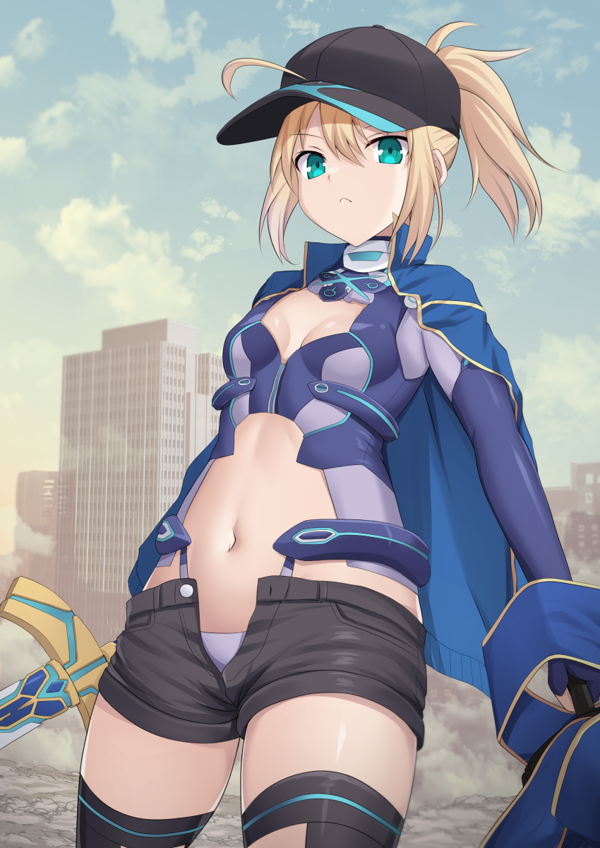 1girl, ahoge, artoria_pendragon_(fate), baseball_cap, black_headwear, black_shorts, black_thighhighs, blonde_hair, blue_jacket, blue_scarf, breasts, cross_(crossryou), dual_wielding, excalibur_(fate/stay_night), excalibur_morgan_(fate), fate/grand_order, fate_(series), gloves, glowing, glowing_sword, glowing_weapon, green_eyes, hair_through_headwear, hat, highres, holding, holding_sword, holding_weapon, jacket, jacket_on_shoulders, looking_at_viewer, micro_shorts, mysterious_heroine_x_(fate), mysterious_heroine_x_(third_ascension)_(fate), navel, open_clothes, open_fly, open_shorts, ponytail, scarf, shorts, small_breasts, solo, sword, thigh-highs, track_jacket, unbuttoned, unzipped, weapon