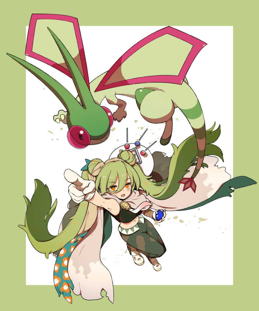 akimaru_m, arm_up, border, crocs, crop_top, double_bun, dragon_wings, flygon, gloves, green_border, green_hair, green_pants, ground_miku_(project_voltage), hair_between_eyes, hair_bun, hatsune_miku, highres, holding, holding_poke_ball, long_bangs, long_hair, looking_at_viewer, midriff, navel, open_mouth, orange_eyes, outside_border, pants, poke_ball, pokemon, pokemon_(creature), project_voltage, twintails, vocaloid, white_footwear, white_gloves, wings