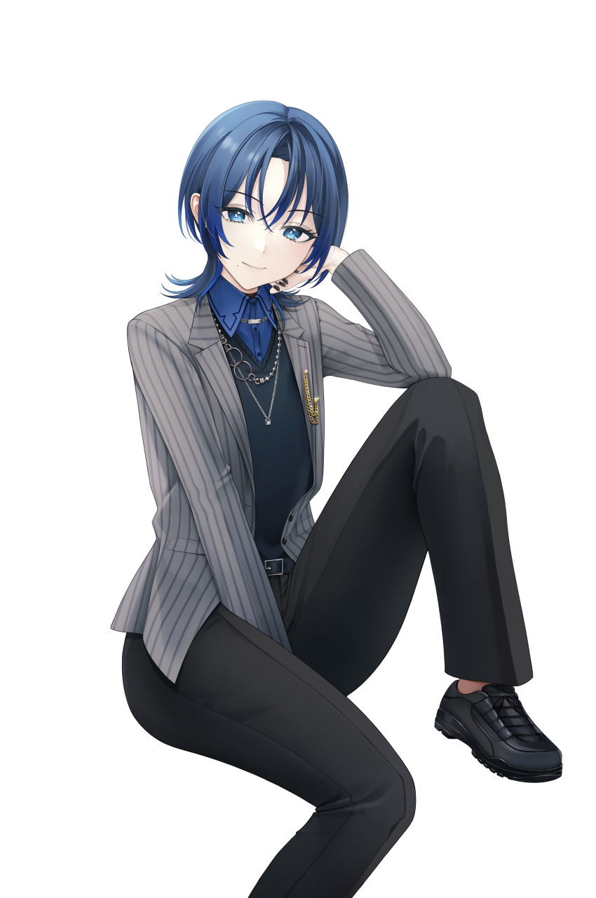 1girl, absurdres, akaisu, belt, between_legs, black_footwear, black_pants, blue_eyes